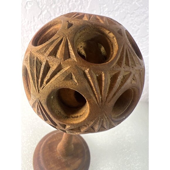 Vtg Hand-Carved Natural Wooden Puzzle Ball on Pedestal Folk Art Decor Ball in Ba - Picture 2 of 8